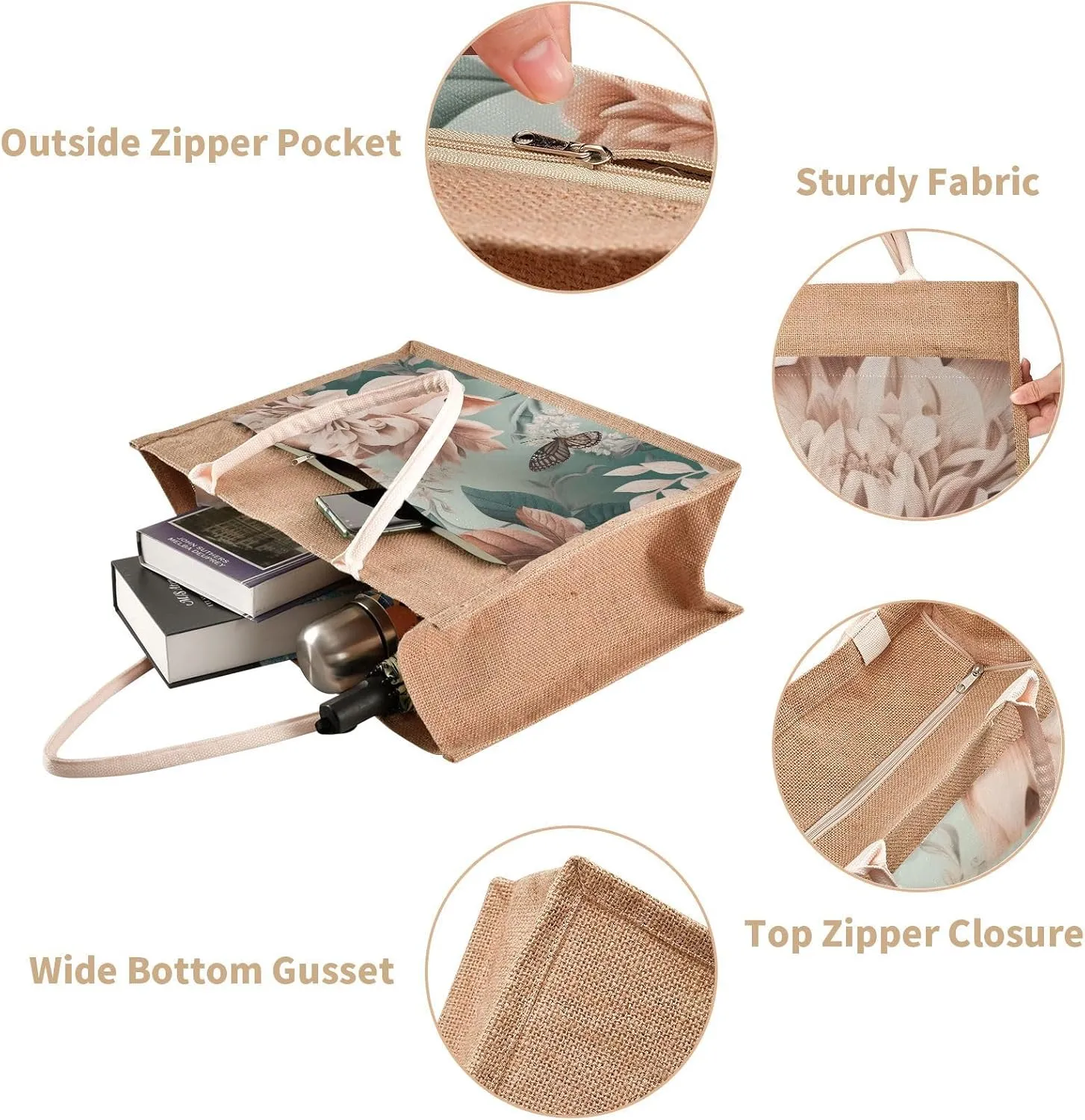 Large Jute Beach Bag Cotton Filled Handle Top Zipper Closure Burlap Tote Handbag 4 Size Pattern 1