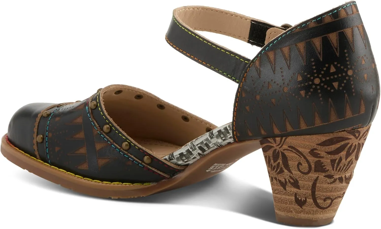 L'Artiste Women's NIOBELLA Hand-Painted Hook-and-Loop Mary Jane – Geometric Design, Decorative Buckle, Faux Stacked Heel
