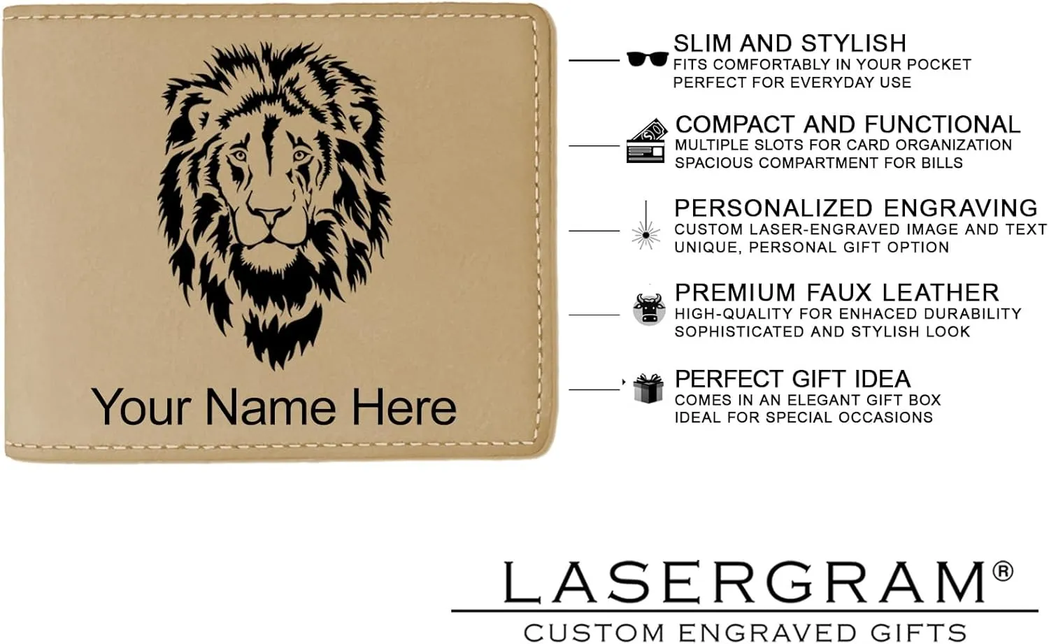LaserGram Faux Leather Bi-Fold Wallet, Basketball Slam Dunk Man, Personalized Engraving Included (Beige)