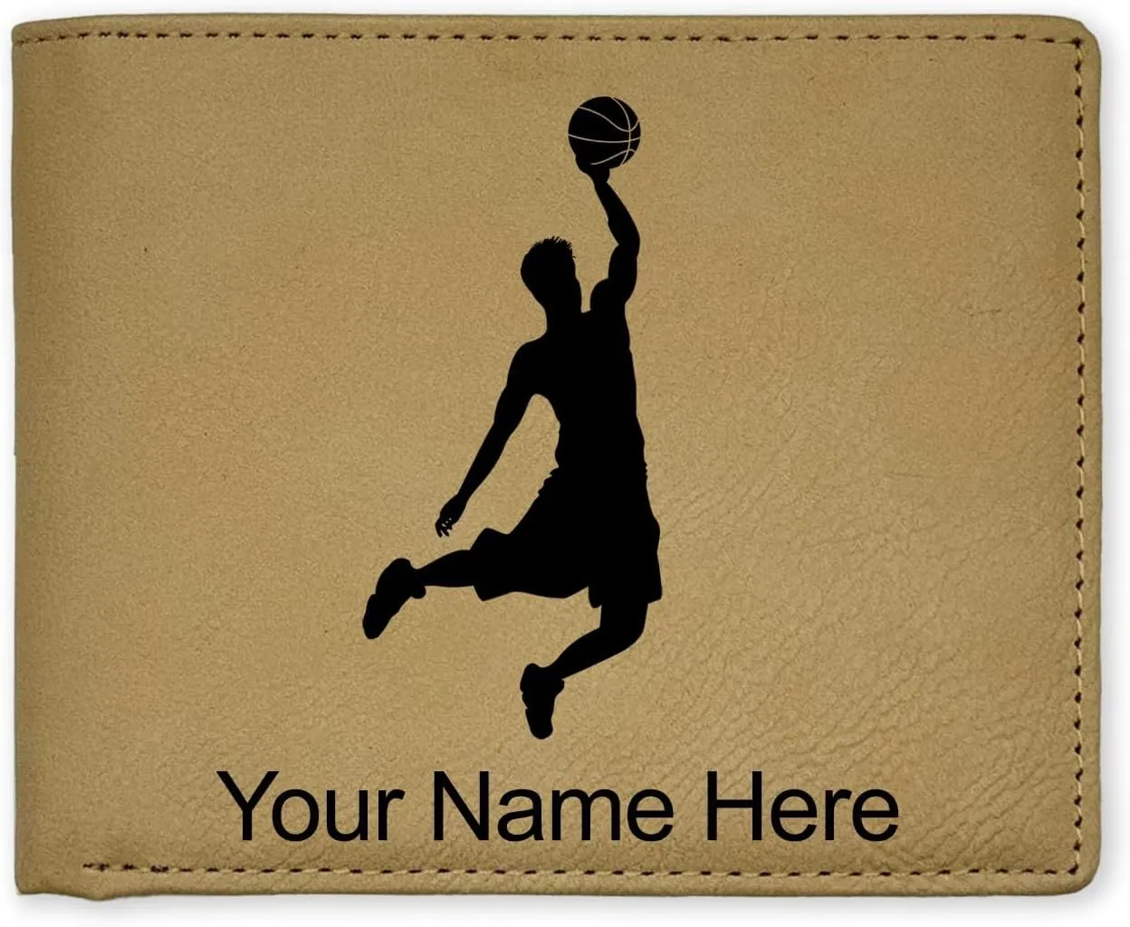 LaserGram Faux Leather Bi-Fold Wallet, Basketball Slam Dunk Man, Personalized Engraving Included (Beige)