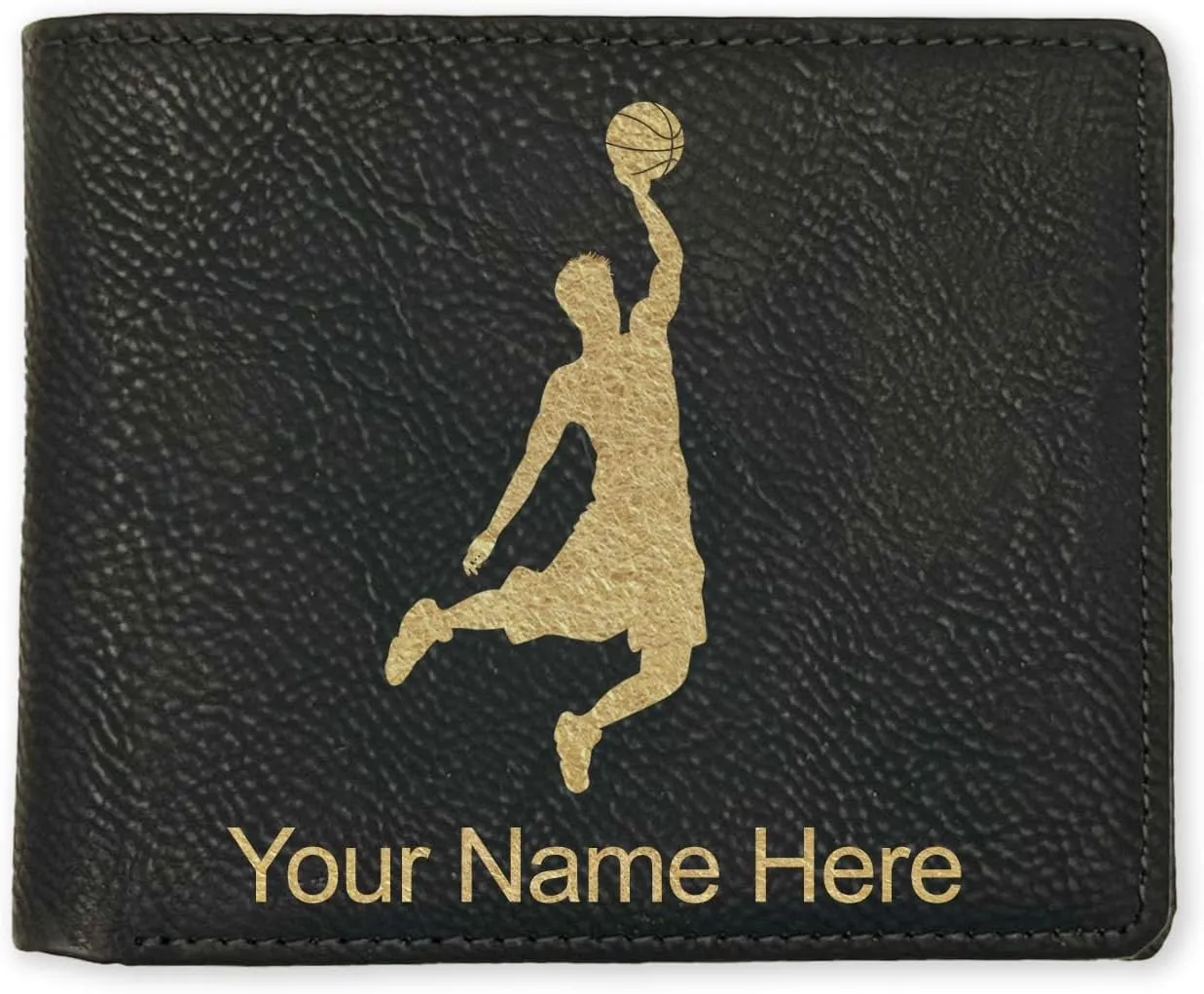 LaserGram Faux Leather Bi-Fold Wallet, Basketball Slam Dunk Man, Personalized Engraving Included (Black with Gold)