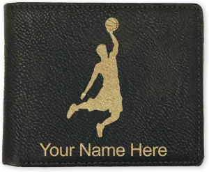 LaserGram Faux Leather Bi-Fold Wallet, Basketball Slam Dunk Man, Personalized Engraving Included (Black with Gold)