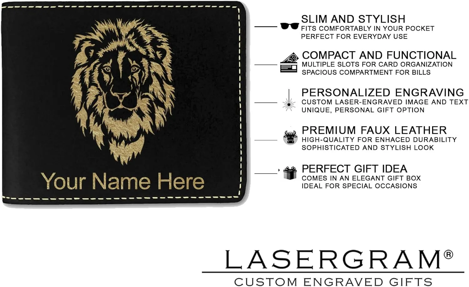 LaserGram Faux Leather Bi-Fold Wallet, Basketball Slam Dunk Man, Personalized Engraving Included (Black with Gold)