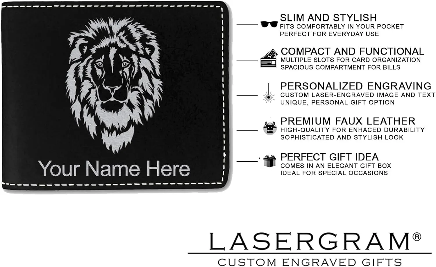 LaserGram Faux Leather Bi-Fold Wallet, Basketball Slam Dunk Man, Personalized Engraving Included (Black with Silver)