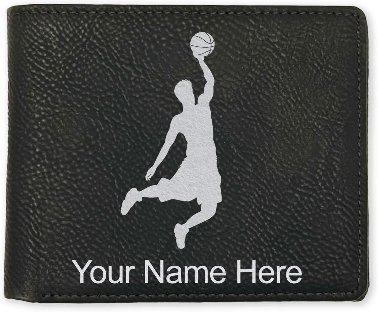 LaserGram Faux Leather Bi-Fold Wallet, Basketball Slam Dunk Man, Personalized Engraving Included (Black with Silver)