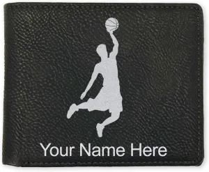 LaserGram Faux Leather Bi-Fold Wallet, Basketball Slam Dunk Man, Personalized Engraving Included (Black with Silver)