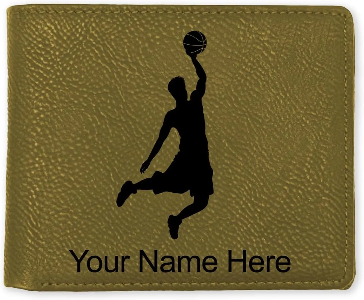 LaserGram Faux Leather Bi-Fold Wallet, Basketball Slam Dunk Man, Personalized Engraving Included (Camo Green)