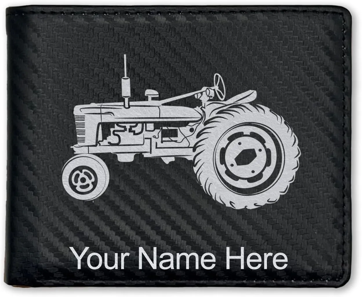 LaserGram Faux Leather Bi-Fold Wallet, Old Farm Tractor, Personalized Engraving Included (Carbon Fiber Black with Silver)