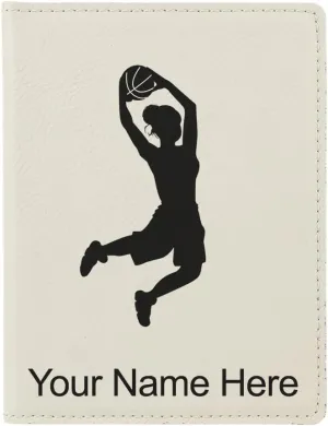 LaserGram Faux Leather Passport Holder, Basketball Slam Dunk Woman, Personalized Engraving Included (White)