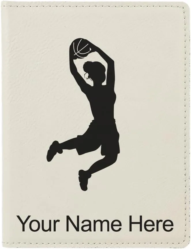 LaserGram Faux Leather Passport Holder, Basketball Slam Dunk Woman, Personalized Engraving Included (White)