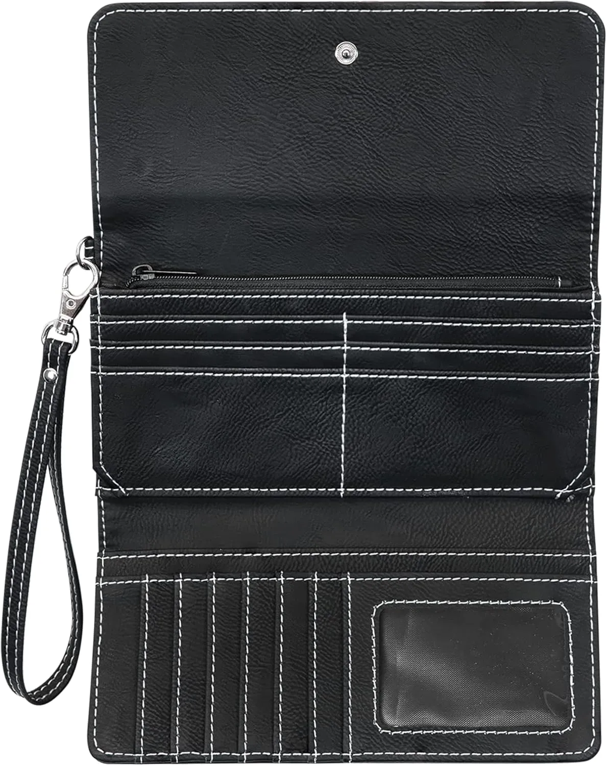 LaserGram Faux Leather Womens Wallet with Strap, Virgen de Guadalupe, Personalized Engraving Included (Black with Silver)