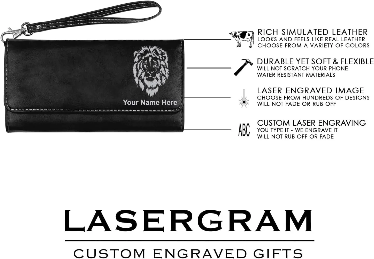 LaserGram Faux Leather Womens Wallet with Strap, Virgen de Guadalupe, Personalized Engraving Included (Black with Silver)