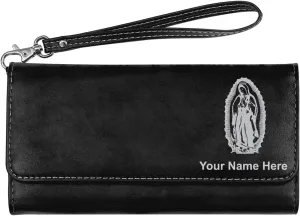 LaserGram Faux Leather Womens Wallet with Strap, Virgen de Guadalupe, Personalized Engraving Included (Black with Silver)