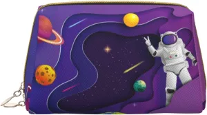 Leather Makeup Bag, Astronaut on Mission in Outer Space Cosmetic Bags Travel Toiletry Bag for Women, Make up Bag, Large Capacity Makeup Bag Organizer, Cute Makeup Pouch Makeup Case