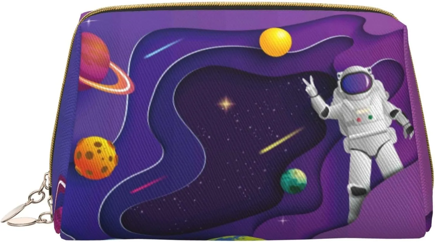 Leather Makeup Bag, Astronaut on Mission in Outer Space Cosmetic Bags Travel Toiletry Bag for Women, Make up Bag, Large Capacity Makeup Bag Organizer, Cute Makeup Pouch Makeup Case