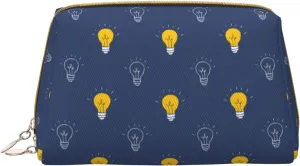 Leather Makeup Bag, blue Light Bulbs Pattern Cosmetic Bags Travel Toiletry Bag for Women, Make up Bag, Large Capacity Makeup Bag Organizer, Cute Makeup Pouch Makeup Case