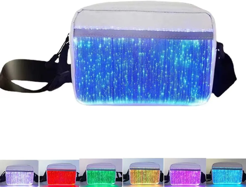 LED Crossbody Bag Light up Purse 7 Colors Luminous Glow Handbags Leather Shoulder Bag (White)