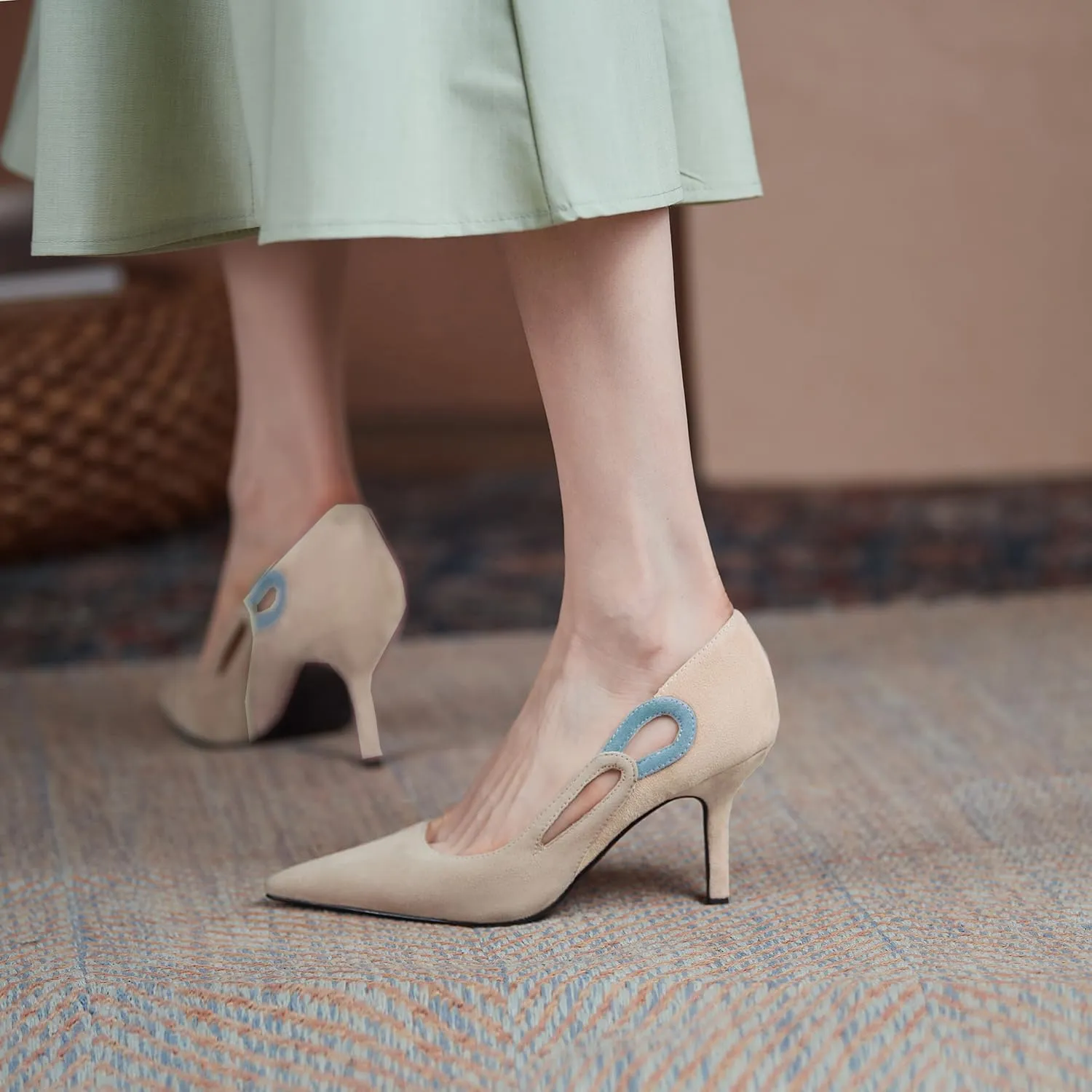 LEHOOR Women Kitten Heel Pumps Pointed Toe Suede Stilettos High Heel Dress Shoes Rainbow Slip On 2.5”Heels Cutout Sandals Multicolor Patchwork for Bridal Wedding Office Ladies Evening Party 4-11 M US