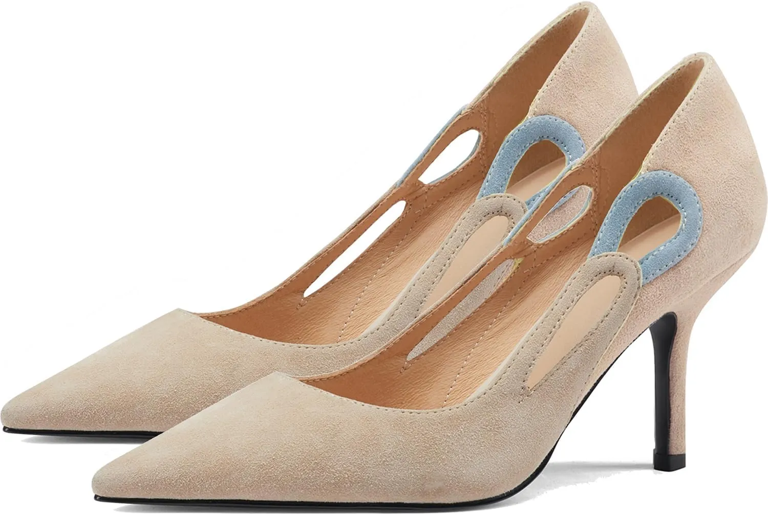LEHOOR Women Kitten Heel Pumps Pointed Toe Suede Stilettos High Heel Dress Shoes Rainbow Slip On 2.5”Heels Cutout Sandals Multicolor Patchwork for Bridal Wedding Office Ladies Evening Party 4-11 M US