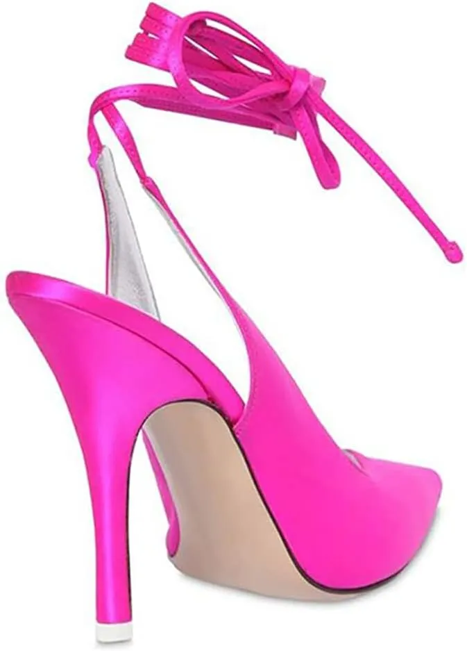 LEMUTISME Women's Sexy Pointed Toe Pumps Summer Lace-up Satin Stiletto High Heels Dressy Slingback Shoes for Party Evening