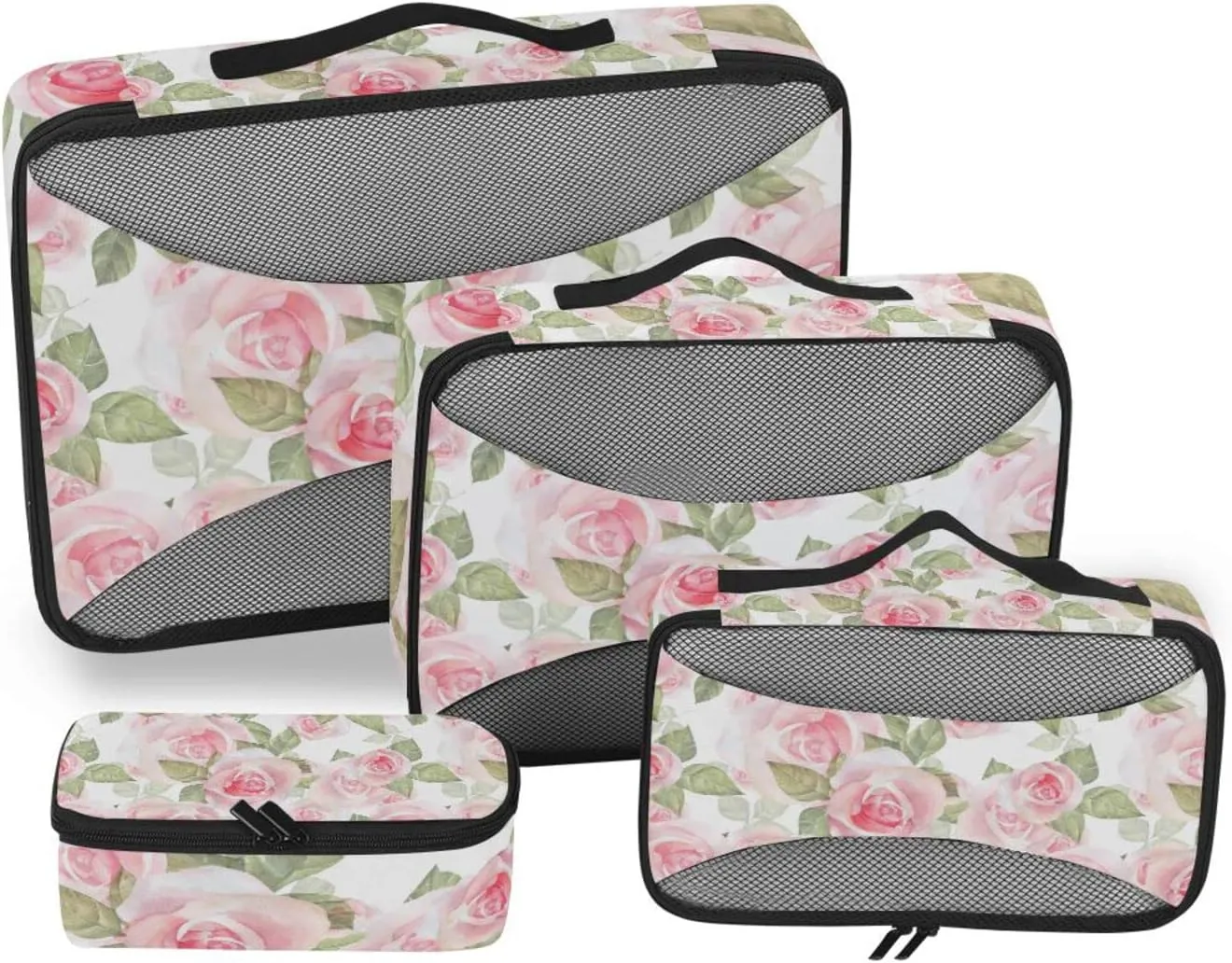 Light Pink Roses with Green Leaves on White Floral Seamless Pattern 4 PCs Set Packing Bags, Luggage Organizer Bag, Portable Cube Toiletry bag, Durable Travel Cosmetic Storage Bag for Men Women