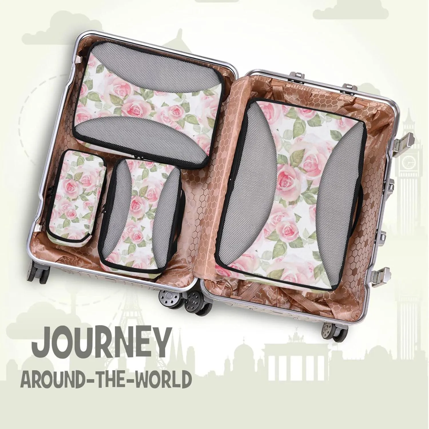 Light Pink Roses with Green Leaves on White Floral Seamless Pattern 4 PCs Set Packing Bags, Luggage Organizer Bag, Portable Cube Toiletry bag, Durable Travel Cosmetic Storage Bag for Men Women