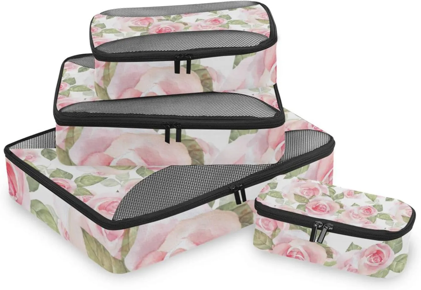 Light Pink Roses with Green Leaves on White Floral Seamless Pattern 4 PCs Set Packing Bags, Luggage Organizer Bag, Portable Cube Toiletry bag, Durable Travel Cosmetic Storage Bag for Men Women
