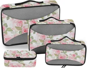 Light Pink Roses with Green Leaves on White Floral Seamless Pattern 4 PCs Set Packing Bags, Luggage Organizer Bag, Portable Cube Toiletry bag, Durable Travel Cosmetic Storage Bag for Men Women