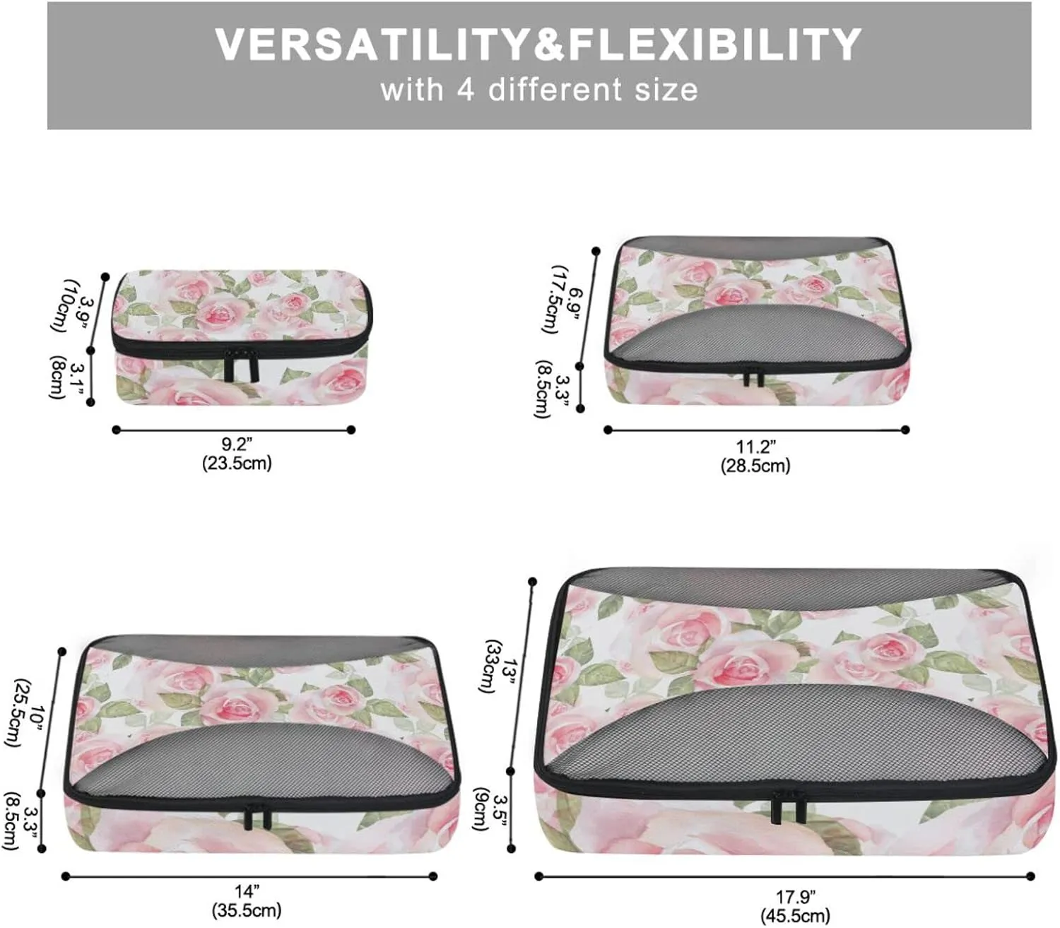 Light Pink Roses with Green Leaves on White Floral Seamless Pattern 4 PCs Set Packing Bags, Luggage Organizer Bag, Portable Cube Toiletry bag, Durable Travel Cosmetic Storage Bag for Men Women