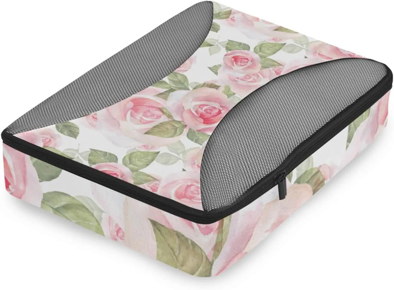 Light Pink Roses with Green Leaves on White Floral Seamless Pattern 4 PCs Set Packing Bags, Luggage Organizer Bag, Portable Cube Toiletry bag, Durable Travel Cosmetic Storage Bag for Men Women