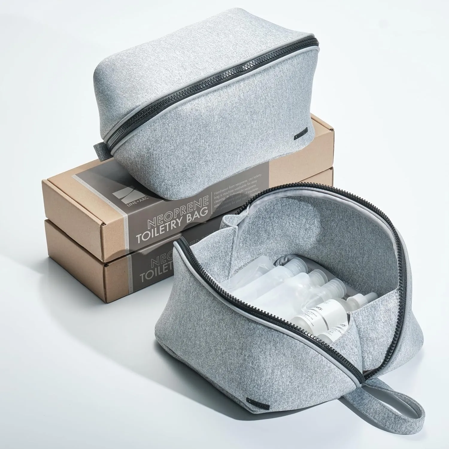 LINE ARC Machine-Washable Neoprene Toiletry Bag (Granite) Modern Gray Heather Dopp Kit Soft Insulation Cosmetics Makeup Travel Skincare Shaving Large Case Men Women Overnight Easy-to-Clean