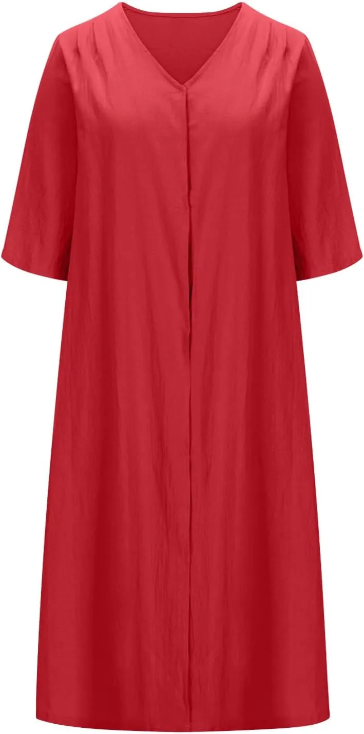 Linen Dresses for Women 2024 Summer Dressy Casual V Neck Half Sleeve Maxi Dress Comfy Cotton Summer Lounge Outifts