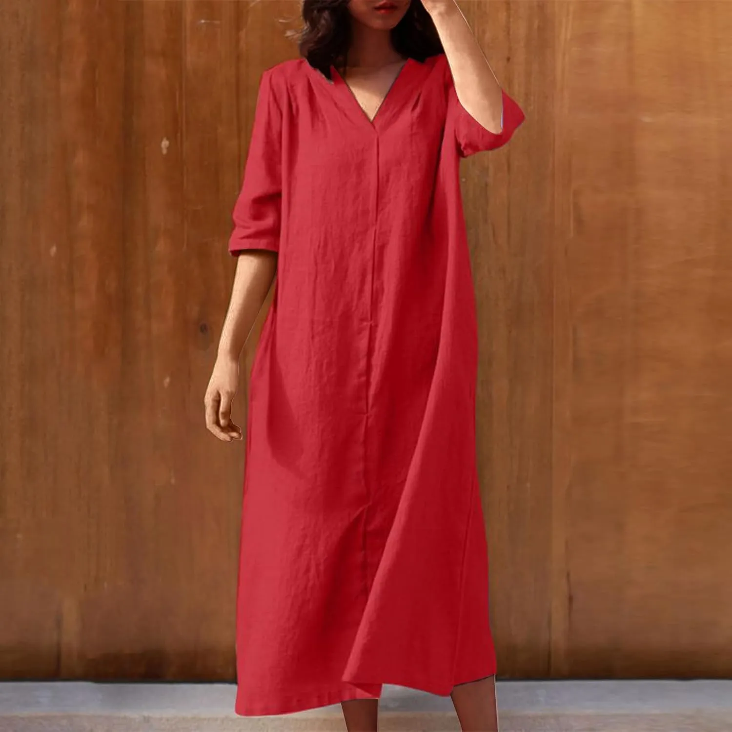 Linen Dresses for Women 2024 Summer Dressy Casual V Neck Half Sleeve Maxi Dress Comfy Cotton Summer Lounge Outifts