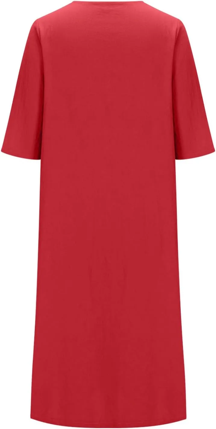 Linen Dresses for Women 2024 Summer Dressy Casual V Neck Half Sleeve Maxi Dress Comfy Cotton Summer Lounge Outifts