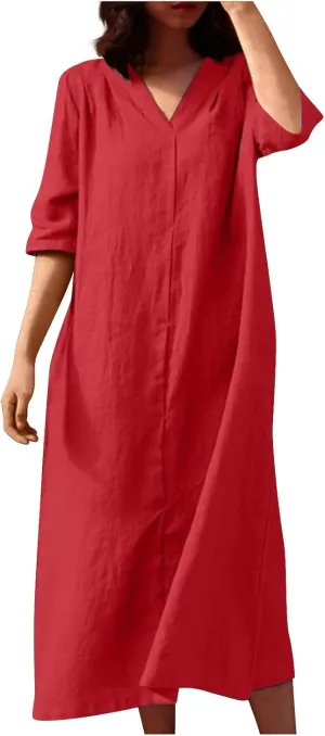 Linen Dresses for Women 2024 Summer Dressy Casual V Neck Half Sleeve Maxi Dress Comfy Cotton Summer Lounge Outifts
