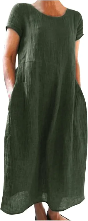 Linen Dresses for Women 2025 Flowy V Neck Short Sleeve Casual Plus Size Maxi Dress Summer Beach Sundresses