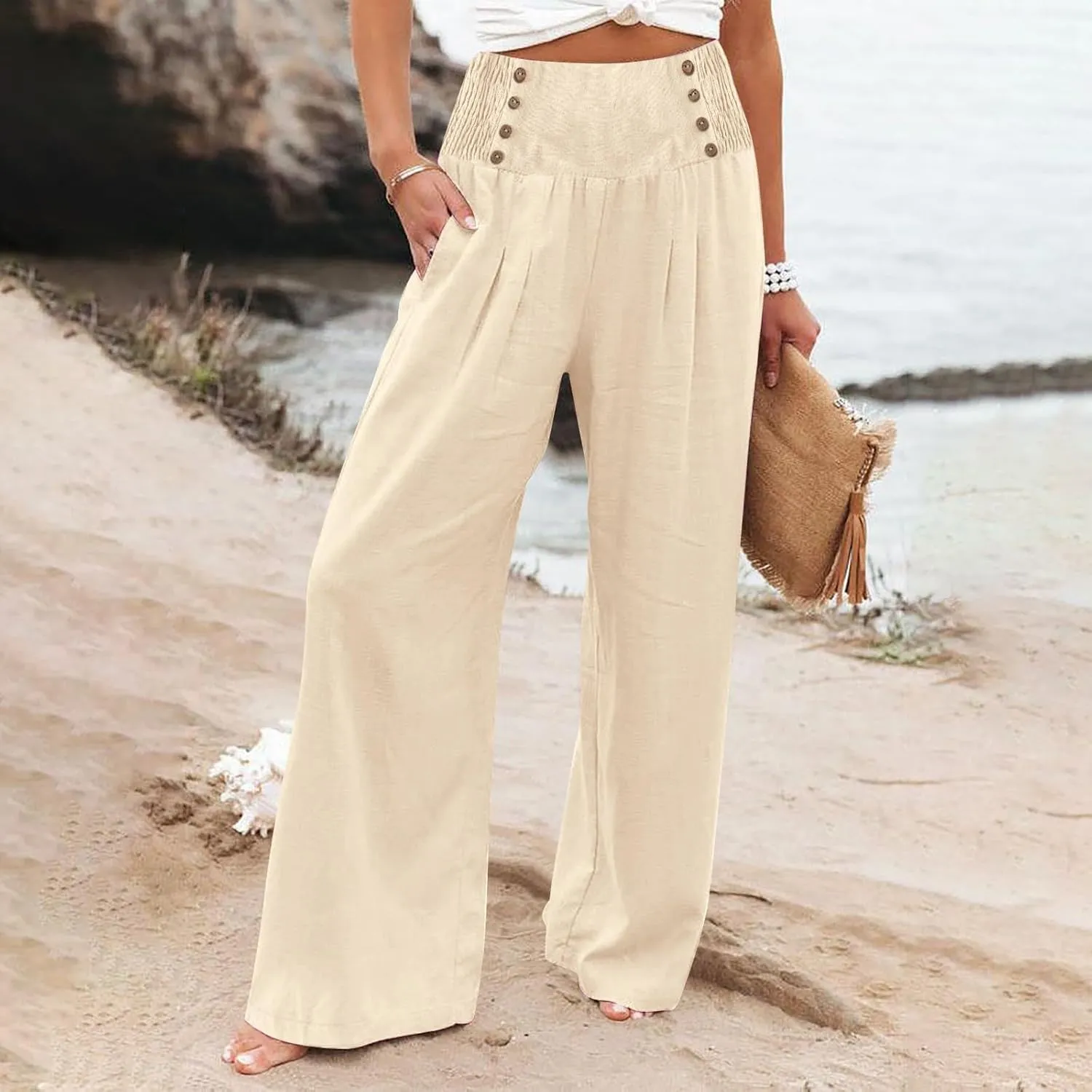 Linen Pants Women Summer High Waisted Cotton Linen Palazzo Pants Wide Leg Long Lounge Pants Work Trousers with Pocket