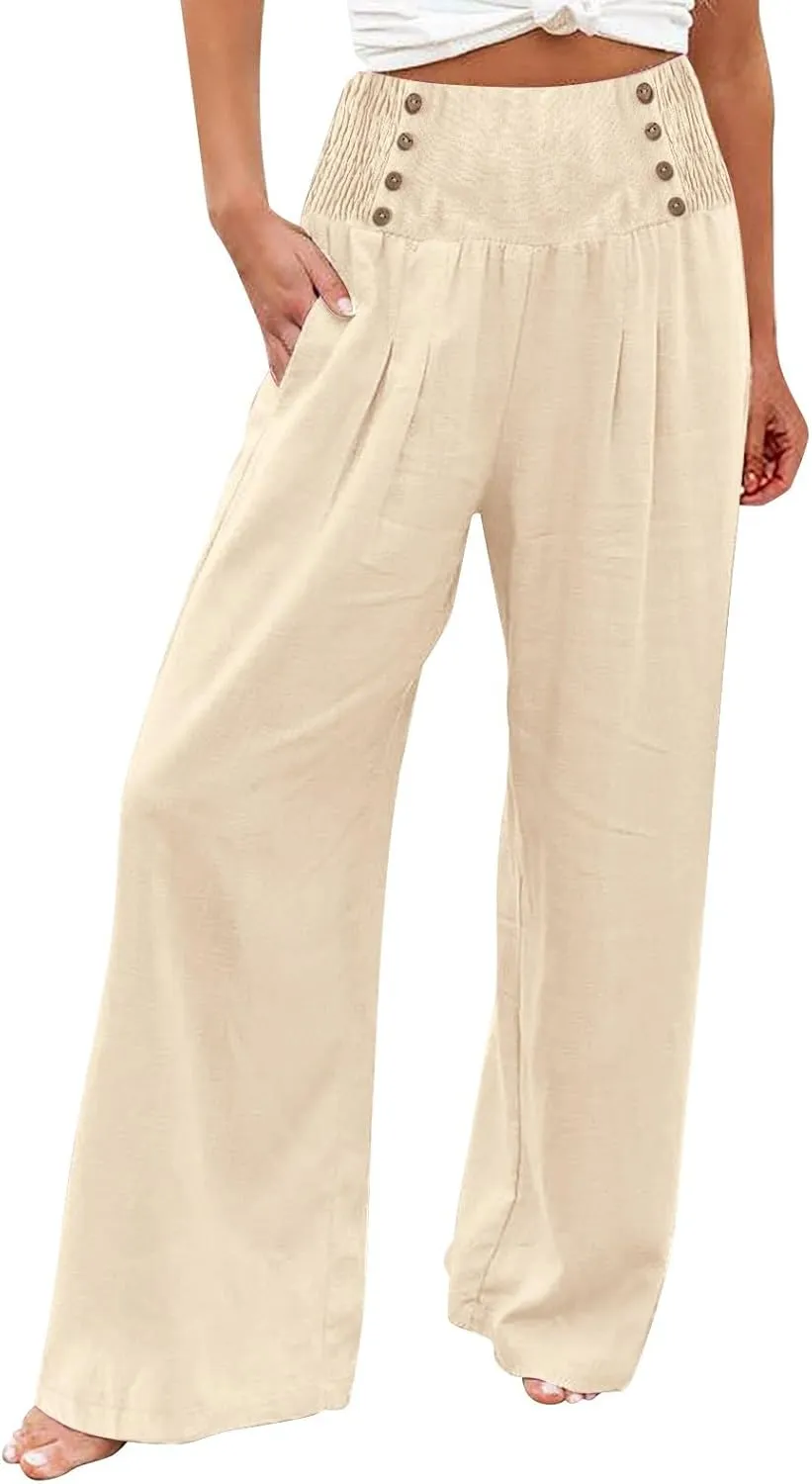 Linen Pants Women Summer High Waisted Cotton Linen Palazzo Pants Wide Leg Long Lounge Pants Work Trousers with Pocket
