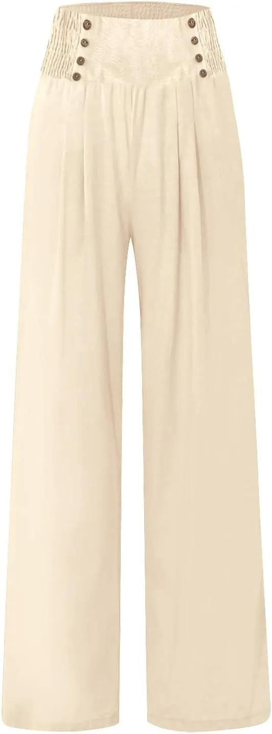 Linen Pants Women Summer High Waisted Cotton Linen Palazzo Pants Wide Leg Long Lounge Pants Work Trousers with Pocket