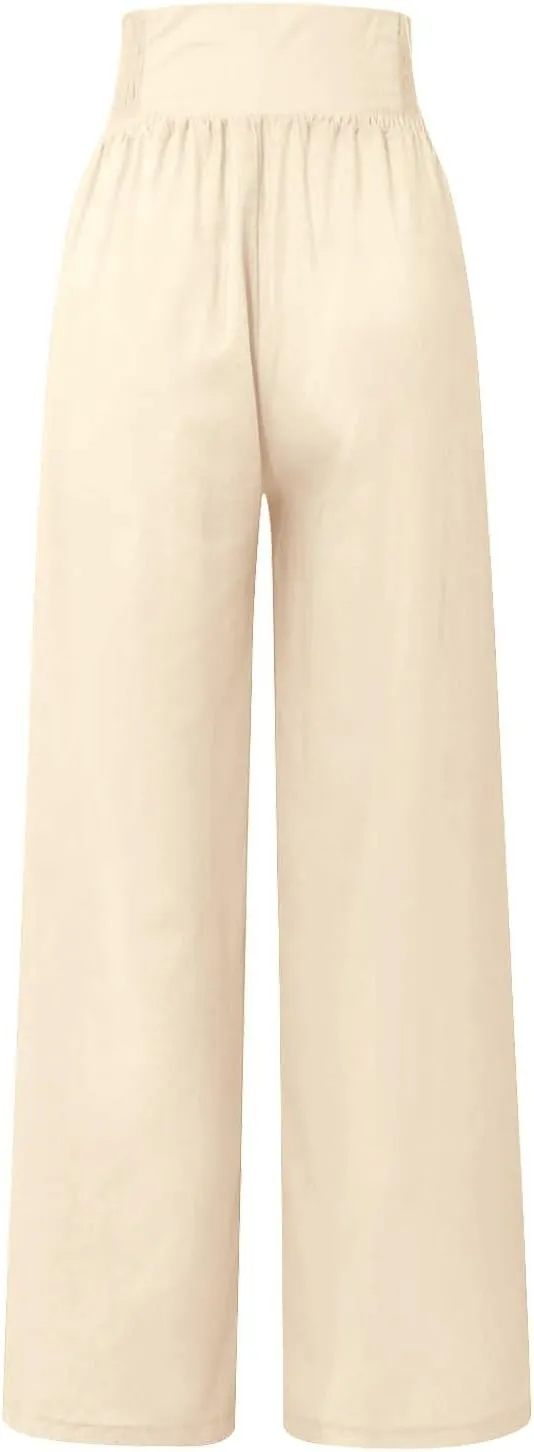 Linen Pants Women Summer High Waisted Cotton Linen Palazzo Pants Wide Leg Long Lounge Pants Work Trousers with Pocket
