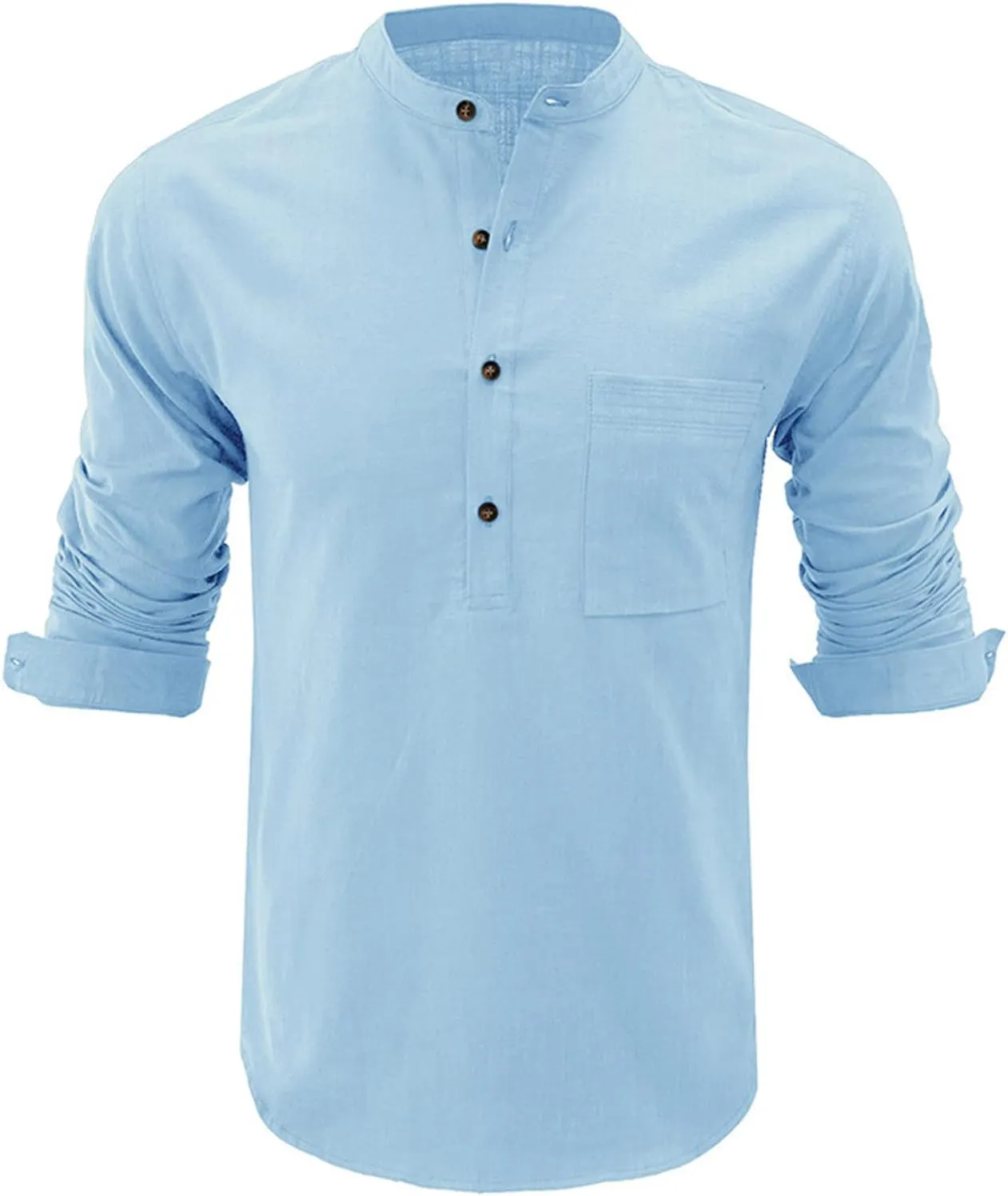 Linen Shirts for Men Slim Fit Solid Band Collar Button Long Sleeve Blouses Fitness Casual Shirt Tops with Pockets
