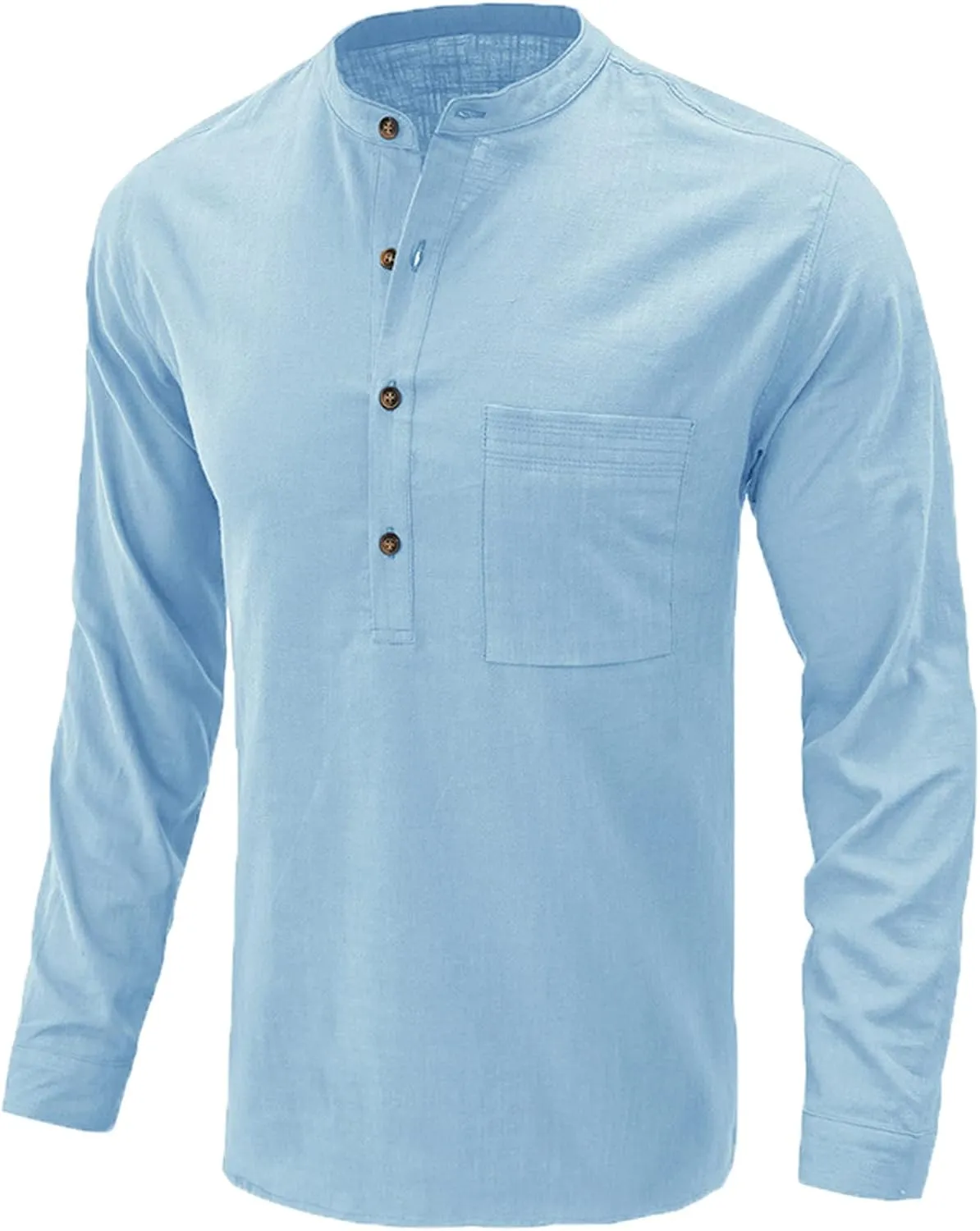Linen Shirts for Men Slim Fit Solid Band Collar Button Long Sleeve Blouses Fitness Casual Shirt Tops with Pockets