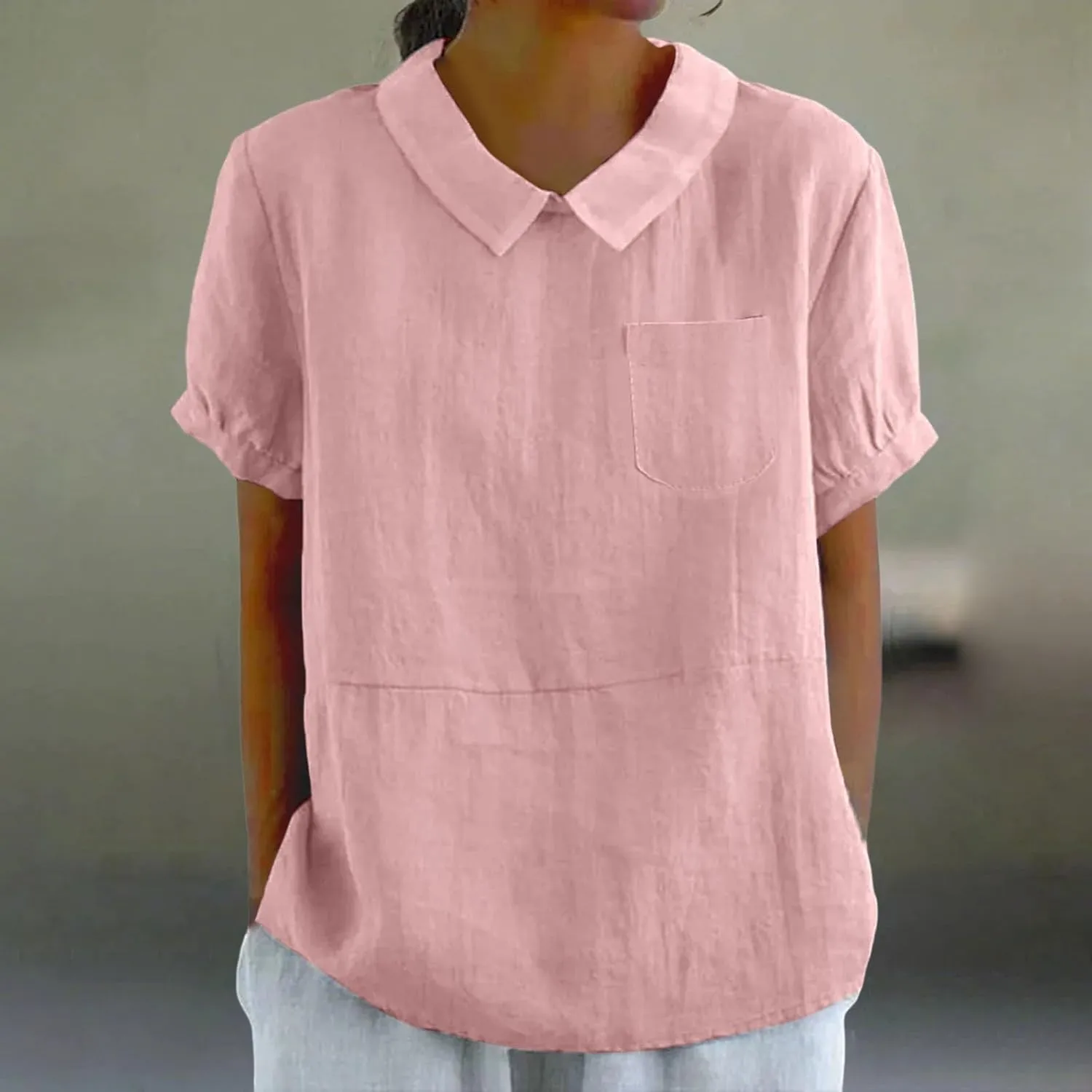 Linen Shirts for Women Summer Lightweight Short Sleeve Floral Tunics Cute Collared Tops Business Work Casual Blouses