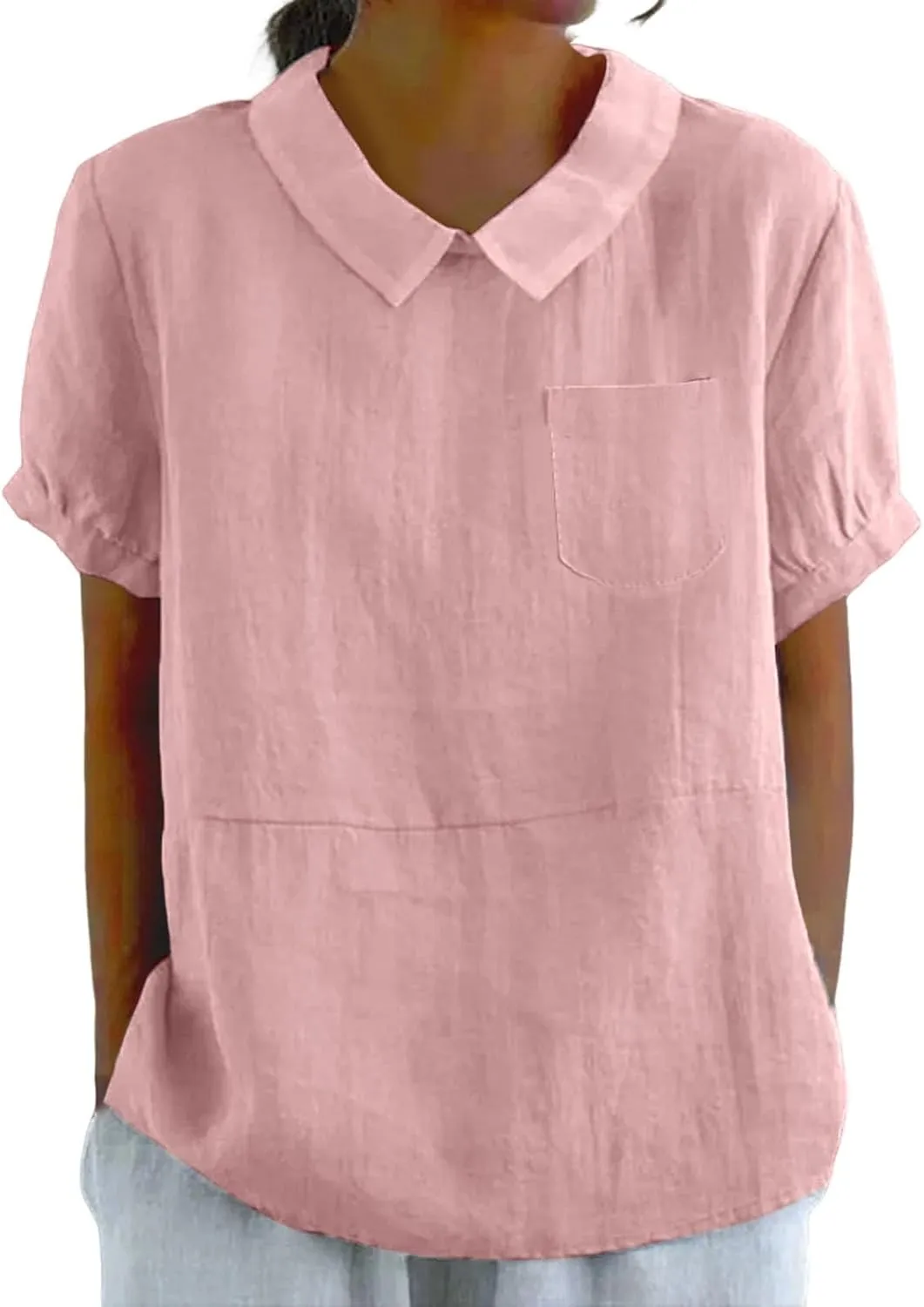 Linen Shirts for Women Summer Lightweight Short Sleeve Floral Tunics Cute Collared Tops Business Work Casual Blouses