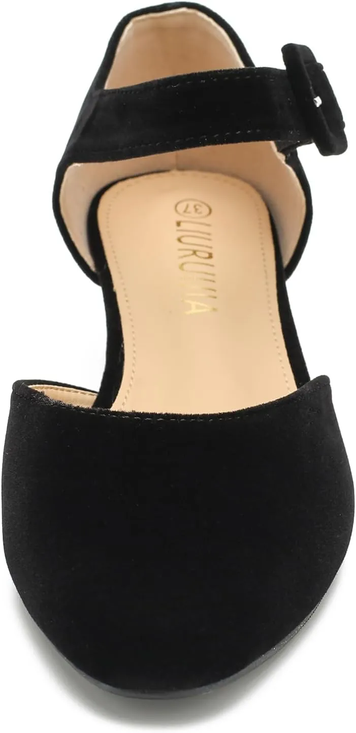LIURUIJIA Women's Closed Toe Low Heel Dress Shoes Ankle Strap D'Orsay Work Office Comfortable Pumps