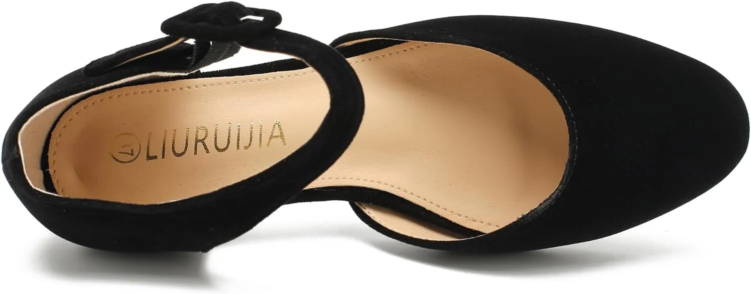 LIURUIJIA Women's Closed Toe Low Heel Dress Shoes Ankle Strap D'Orsay Work Office Comfortable Pumps