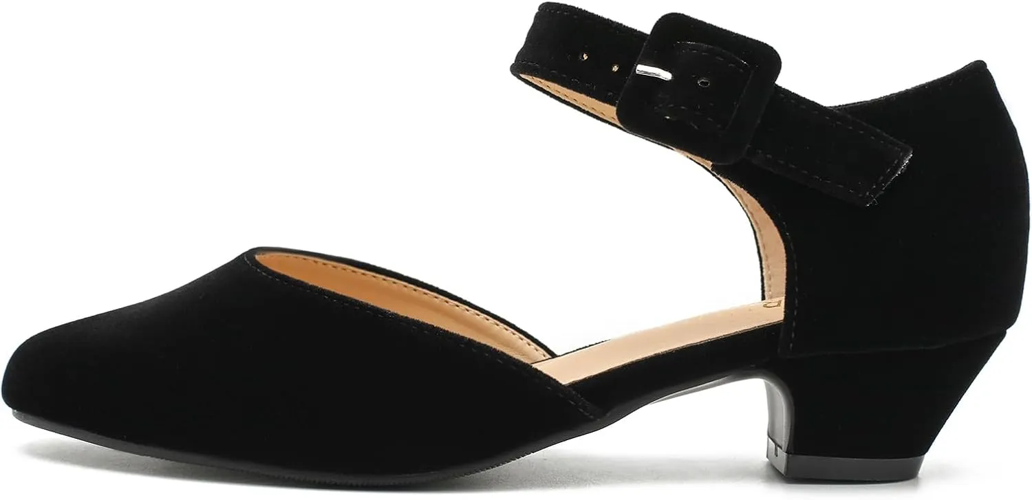LIURUIJIA Women's Closed Toe Low Heel Dress Shoes Ankle Strap D'Orsay Work Office Comfortable Pumps