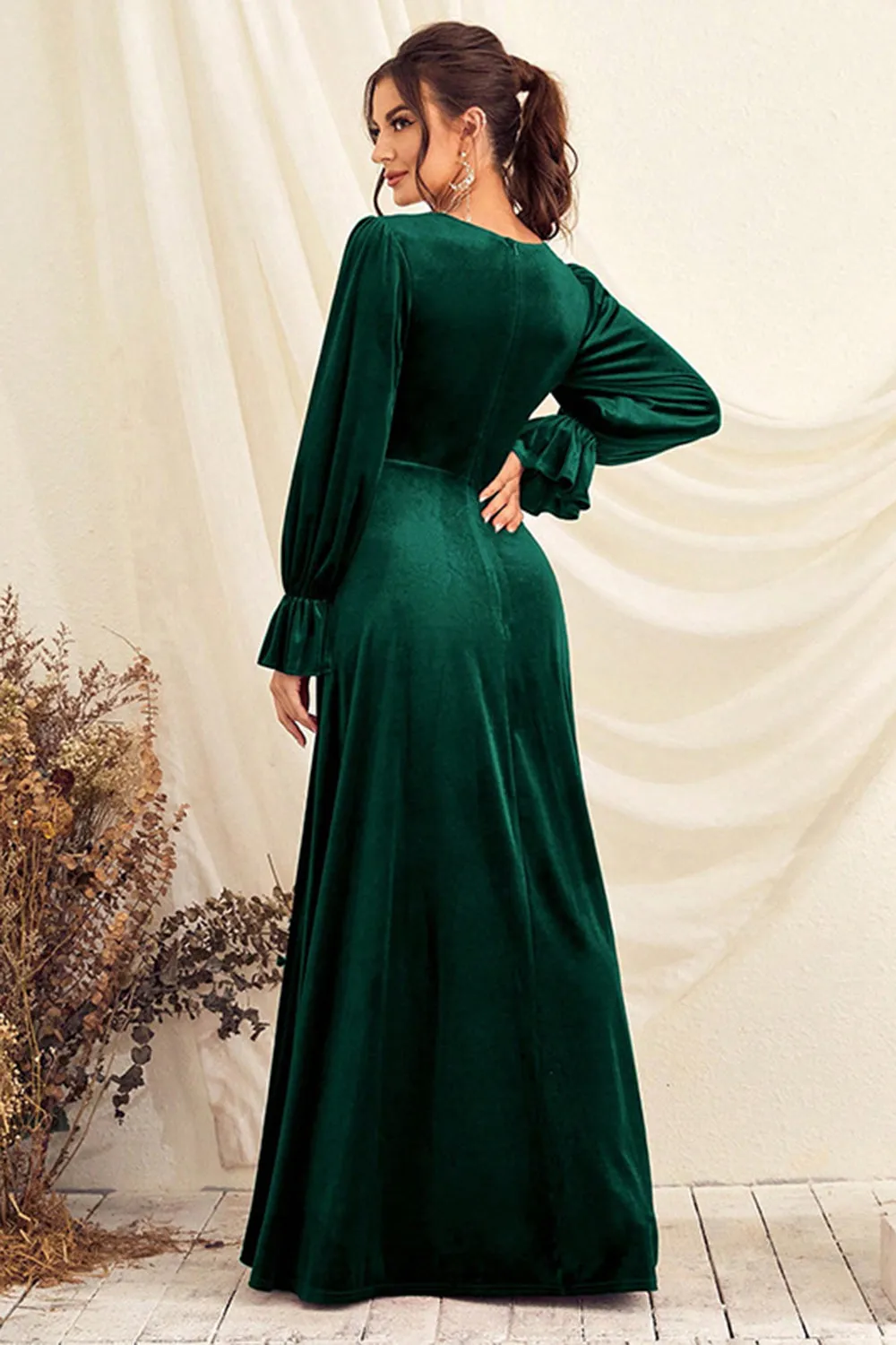Long Sleeve Velvet Gown | Dark Green | Evening | Velvet