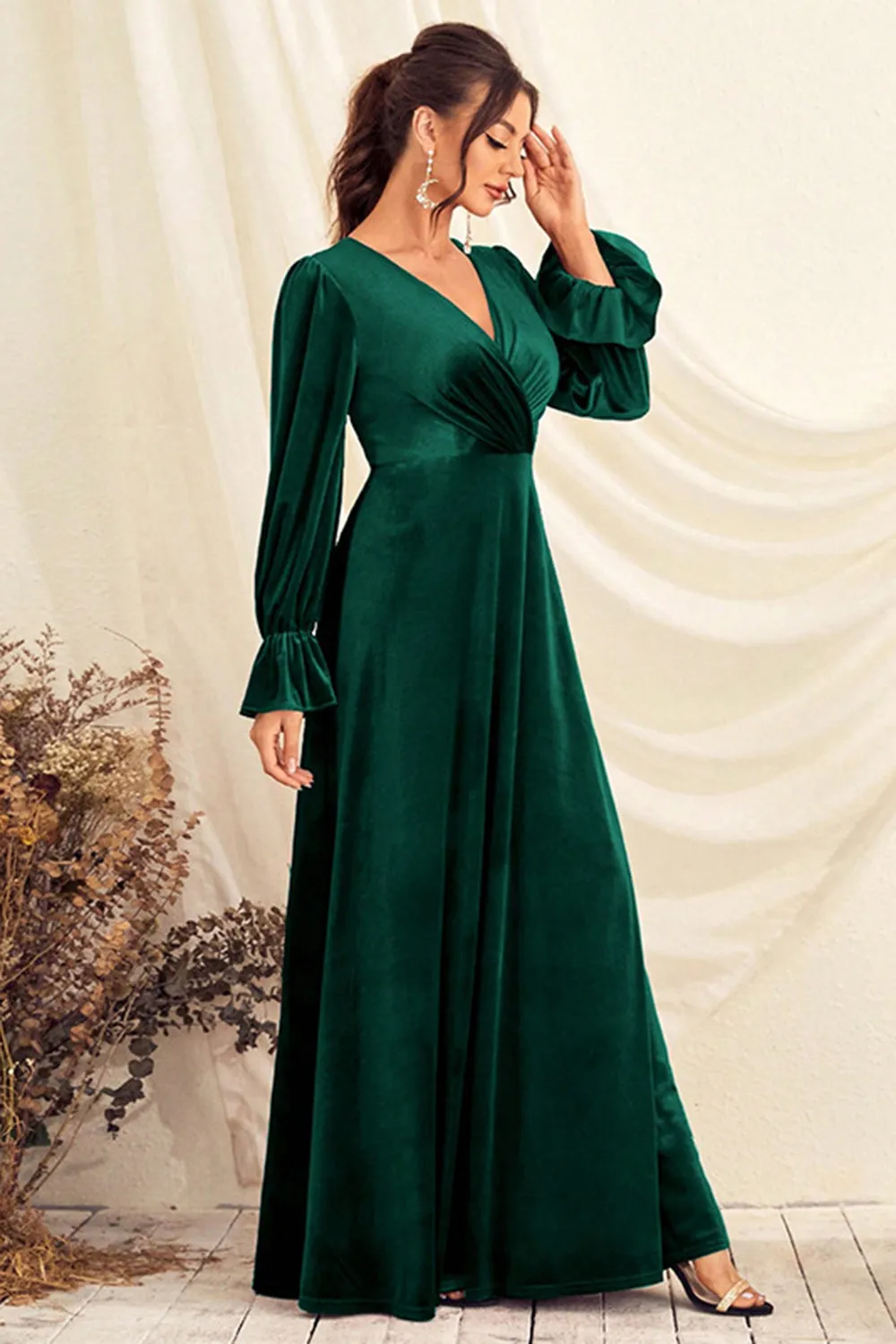 Long Sleeve Velvet Gown | Dark Green | Evening | Velvet