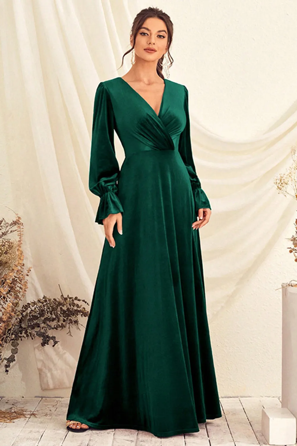 Long Sleeve Velvet Gown | Dark Green | Evening | Velvet